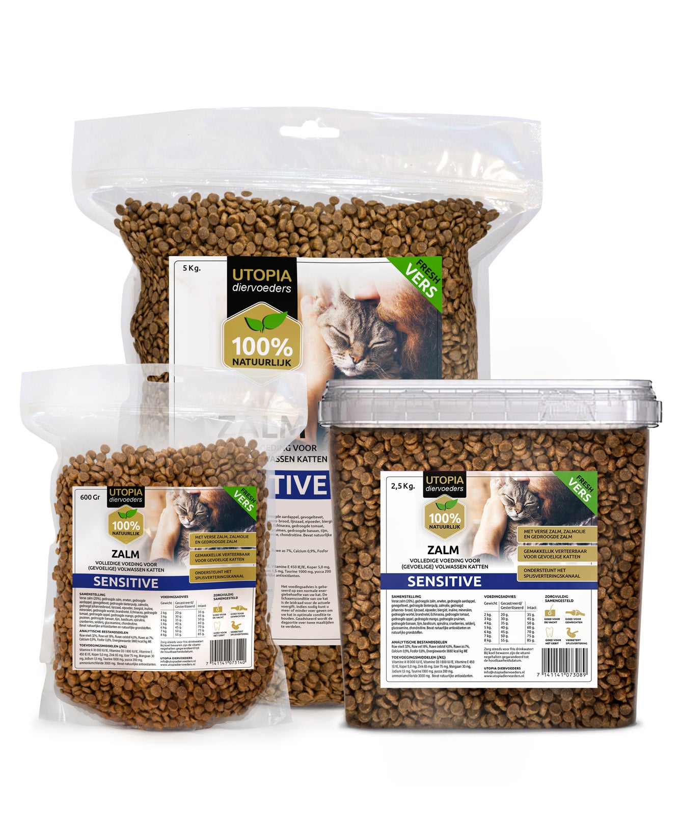 3 soorten verpakkingen Zalm sensitive kattenvoer Utopia Diervoeders