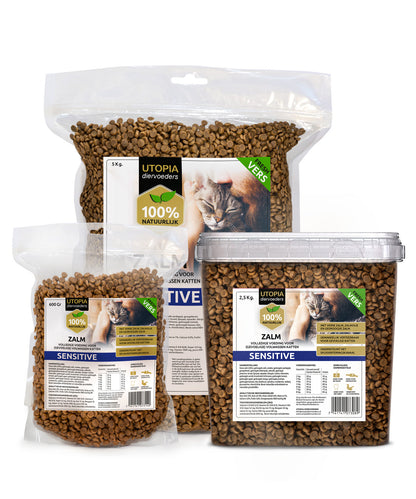3 soorten verpakkingen Zalm sensitive kattenvoer Utopia Diervoeders